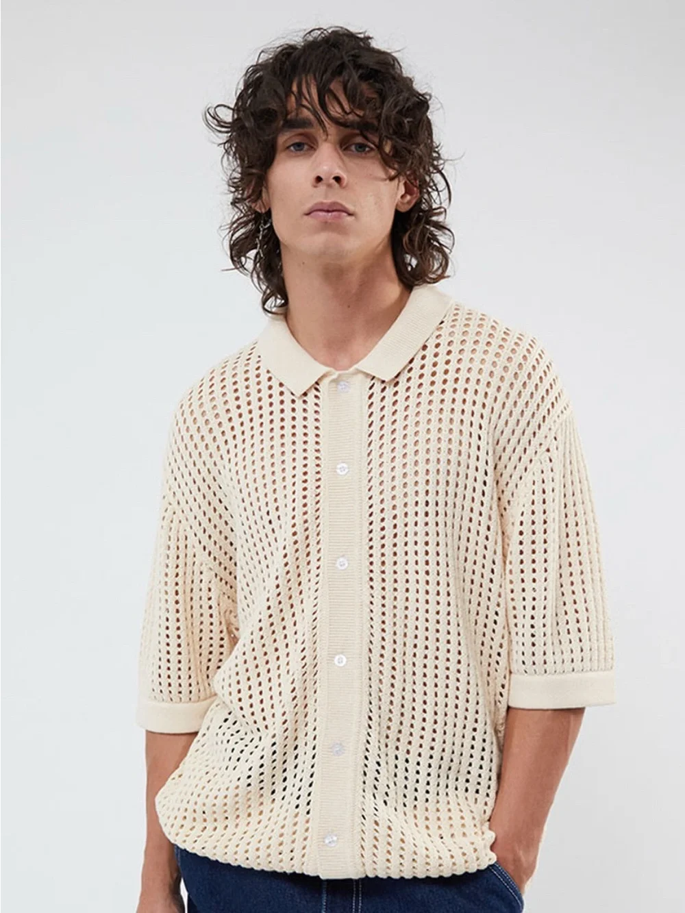 Pacsun White Open Knit BUTTON SHIRT 2.0 Woven Camp short Sleeves Collared Mens M